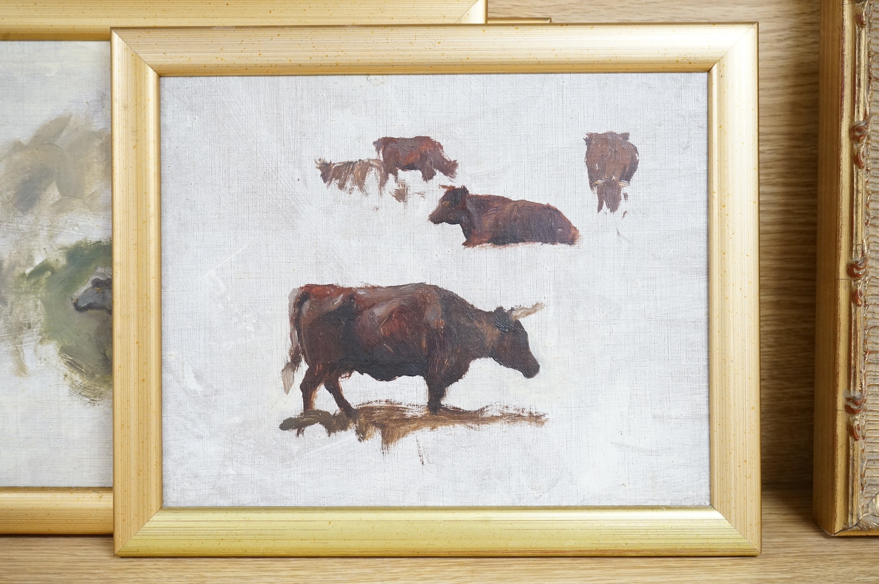 Henry G. Moon (1857-1905), set of four oils on canvas board, Preliminary sketches, Sheep, cattle and figural study, unsigned, largest 20 x 30cm. Condition - good